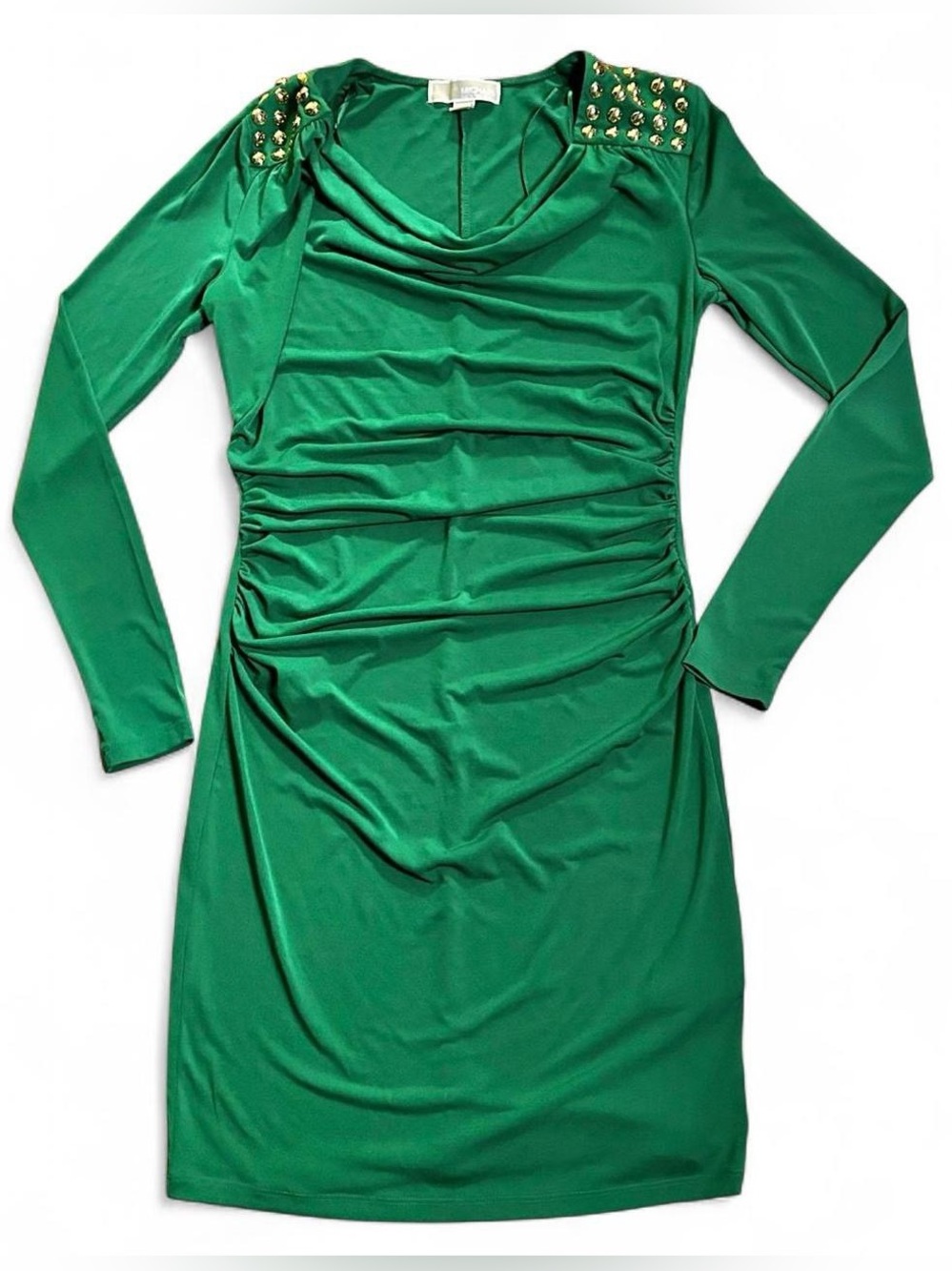 Michael Kors elegant Green Long Sleeve curve flattering Dress w gold Shoulders
